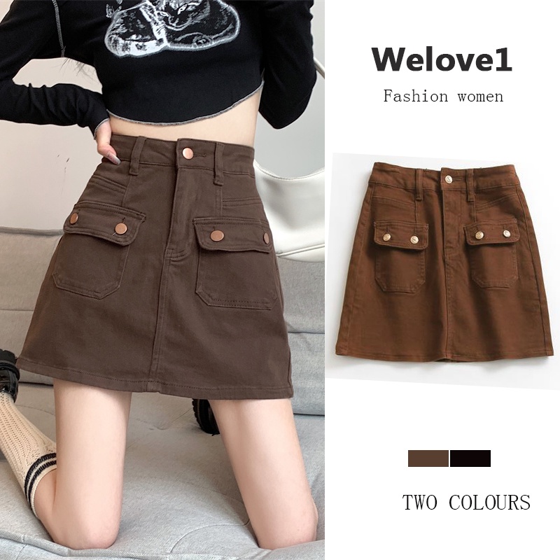 Chân váy jean ngắn chữ A lưng cao màu nâu thời trang mới cao cấp cho nữ