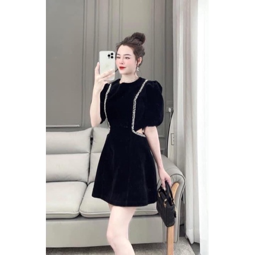 Đầm Nhung Viền Đá Phối Ngọc Hàng Thiết Kế Cao Cấp