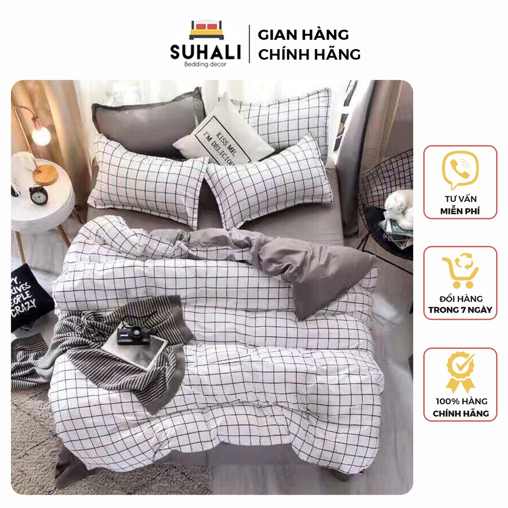 Bộ chăn ga giường cotton poly kẻ ô trắng Suhali Shop, vỏ chăn mền, drap nệm và 2 vỏ gối