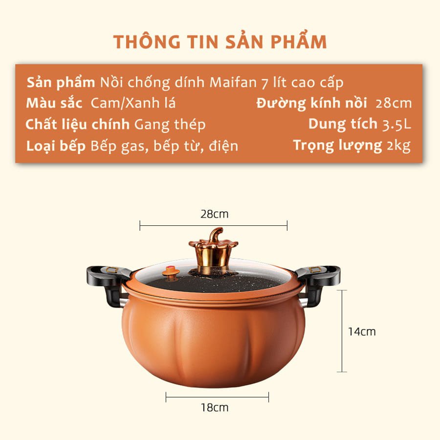 Nồi Ấp Suất Chống Dính Maifan Hình Bí Ngô 3.5L Dùng Hầm Canh, Nâu Cơm, Kho, Rán, Hấp  + Tặng Kèm Gía Hấp Tiện Dụng