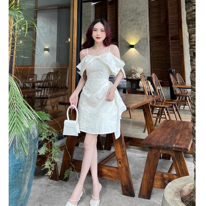 Váy Trễ Vai Tay Phồng Nơ Cổ,Đầm 2 Dây Nữ Thiết Kế dáng Xòe Tiểu Thư Dự Tiệc Dạo Phố (Chất Gấm Xốp Có Mút) XM Minh Phúc