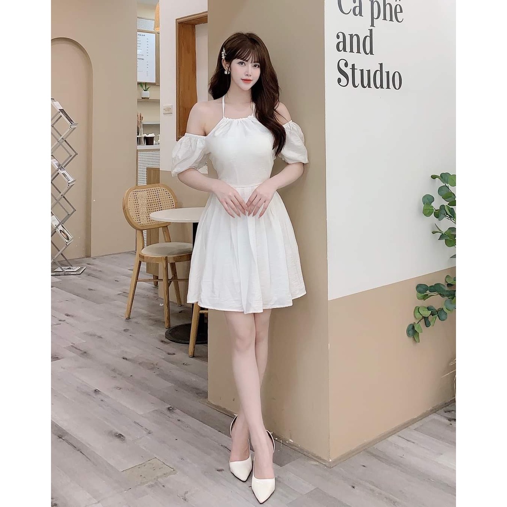 [10.10 Sales Freeship] Đầm tiểu thư nữ, đầm trễ vai cổ yếm tay phồng dáng xòe nhẹ đi chơi đi tiệc bánh bèo, xinh xắn