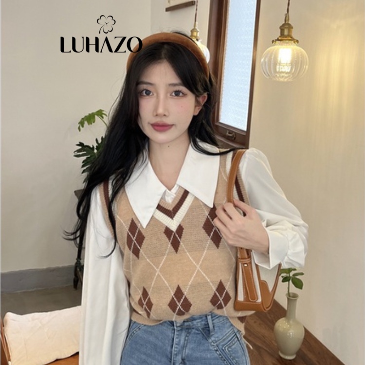 Áo gile len nữ kẻ sọc caro cổ chữ V họa tiết kim cương LUHAZO phối viền kiểu Hàn Quốc hàng Quảng Châu đẹp h-14