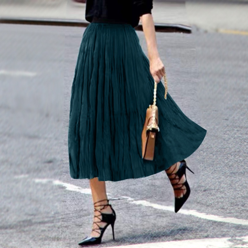 Chân váy ZANZEA midi chữ A lưng thun xếp ly thời trang công sở cho bạn gái