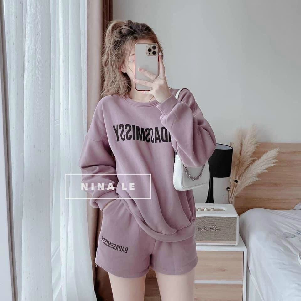 Set bộ đùi họa tiết in chữ , áo tay dài kiểu sweater kèm quần đùi đi chơi , thời trang mùa hè