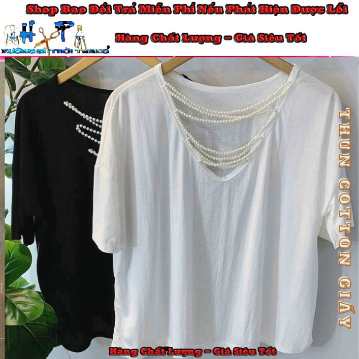 Áo thun cotton giấy nữ ngắn tay phối ngọc mẫu mới thời trang A33   -TEEN