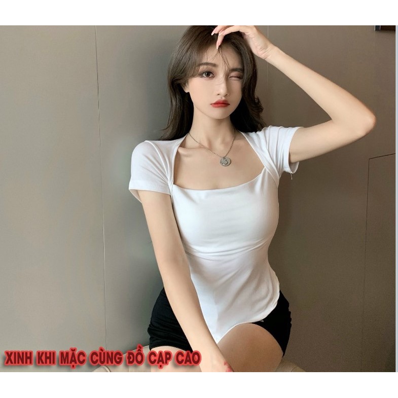 Áo thun vạt bầu ngắn tay cổ vuông ôm nữ, ao phông body nữ mẫu mới cotton 100% màu đen trắng dưới 50 cân