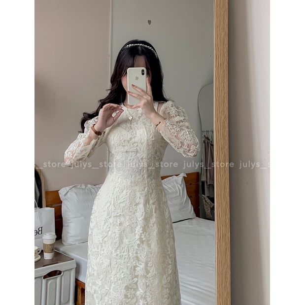 Áo dài hoa ren cut out hở vai 205