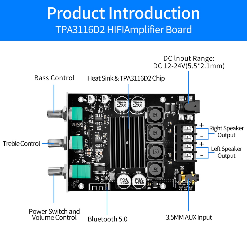ZK-1002T HIFI 2.0 Kênh AUX/Bluetooth-Tương Thích với 5.0 TPA3116D2 Mô-đun Âm Thanh 100Wx2 Stereo Loa Siêu