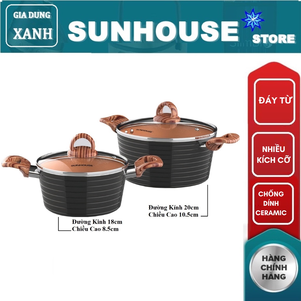 Bộ 2 Nồi Ceramic Đáy Từ SUNHOUSE (Dùng Trên Mọi Loại Bếp) - Hàng chính hãng