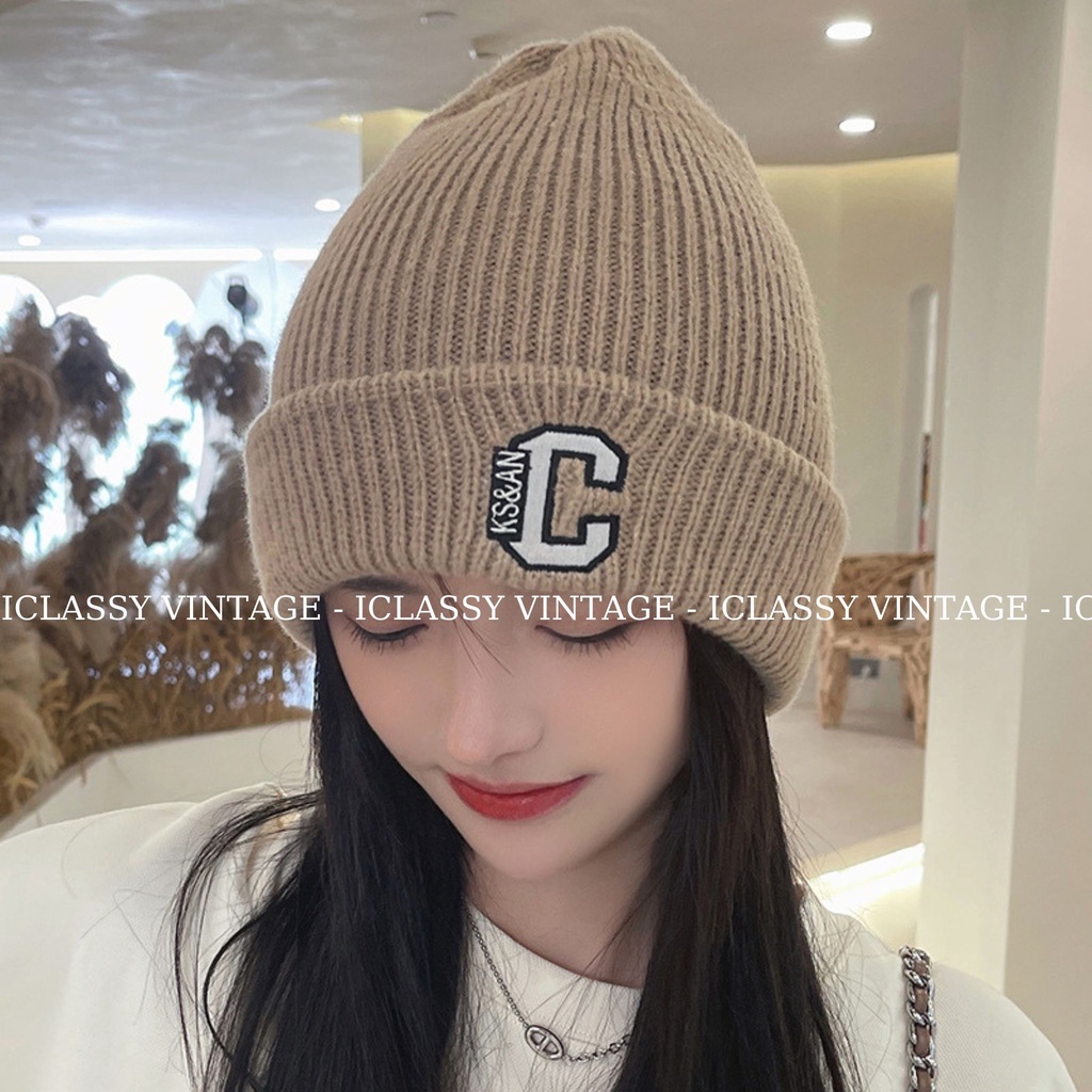 Mũ Len Nam Nữ Ulzzang Vintage Cao Cấp, Mũ Thêu chữ C 9 Màu Phong Cách Hàn Quốc - Iclassy_shoes
