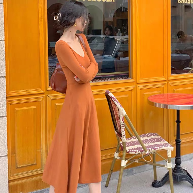 Đầm midi nữ SUXI dệt kim cổ V ôm dáng eo cao thời trang mùa thu