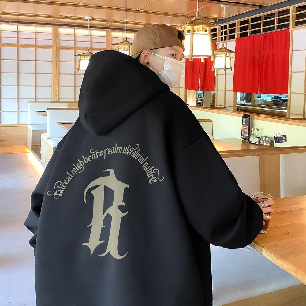 【650 gram】Áo hoodie nam nhung dài tay dáng rộng in chữ R thời trang Hàn Quốc cho nam nữ áo hoodie đen 650 gram áo hoodie chất lượng cao
