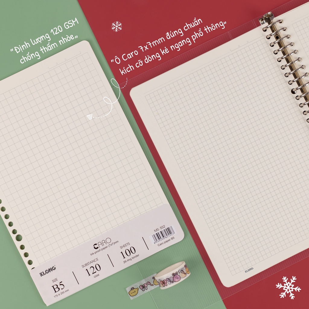 Ruột sổ còng giấy Caro B5 100 tờ 200 trang ô vuông 5/7mm Klong giấy refill dày 120gsm- BÚT ĐẸP
