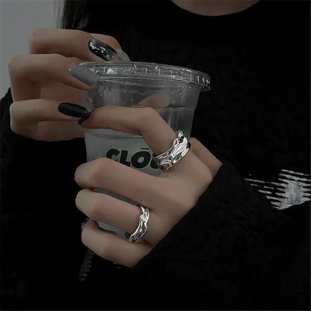 Set 2 Nhẫn Bạc Dạng Mở Thiết Kế Không Đồng Đều Phong Cách Hip Hop Cá Tính Dành Cho Nữ