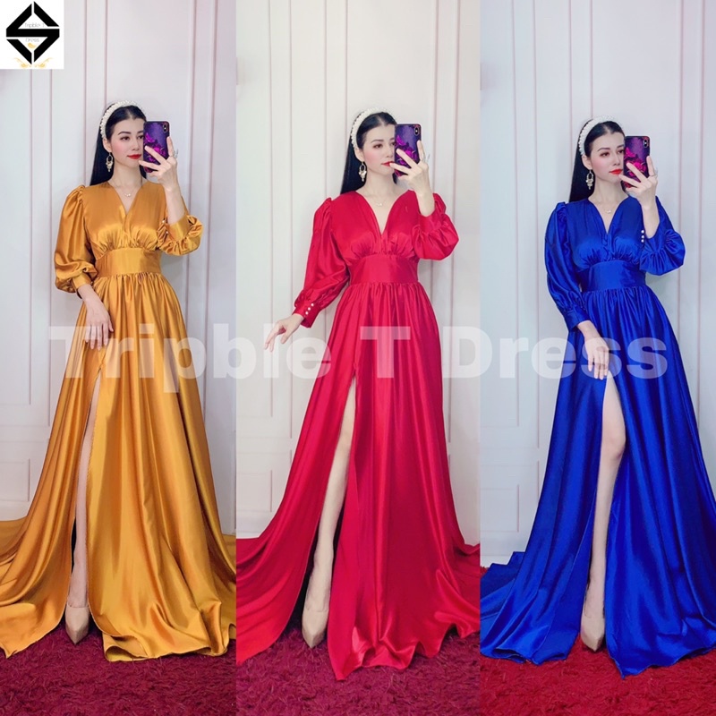 Đầm maxi dạ hội TRIPBLE T DRESS tay dài bo cổ tay xẻ đùi - size M/L - MS415V
