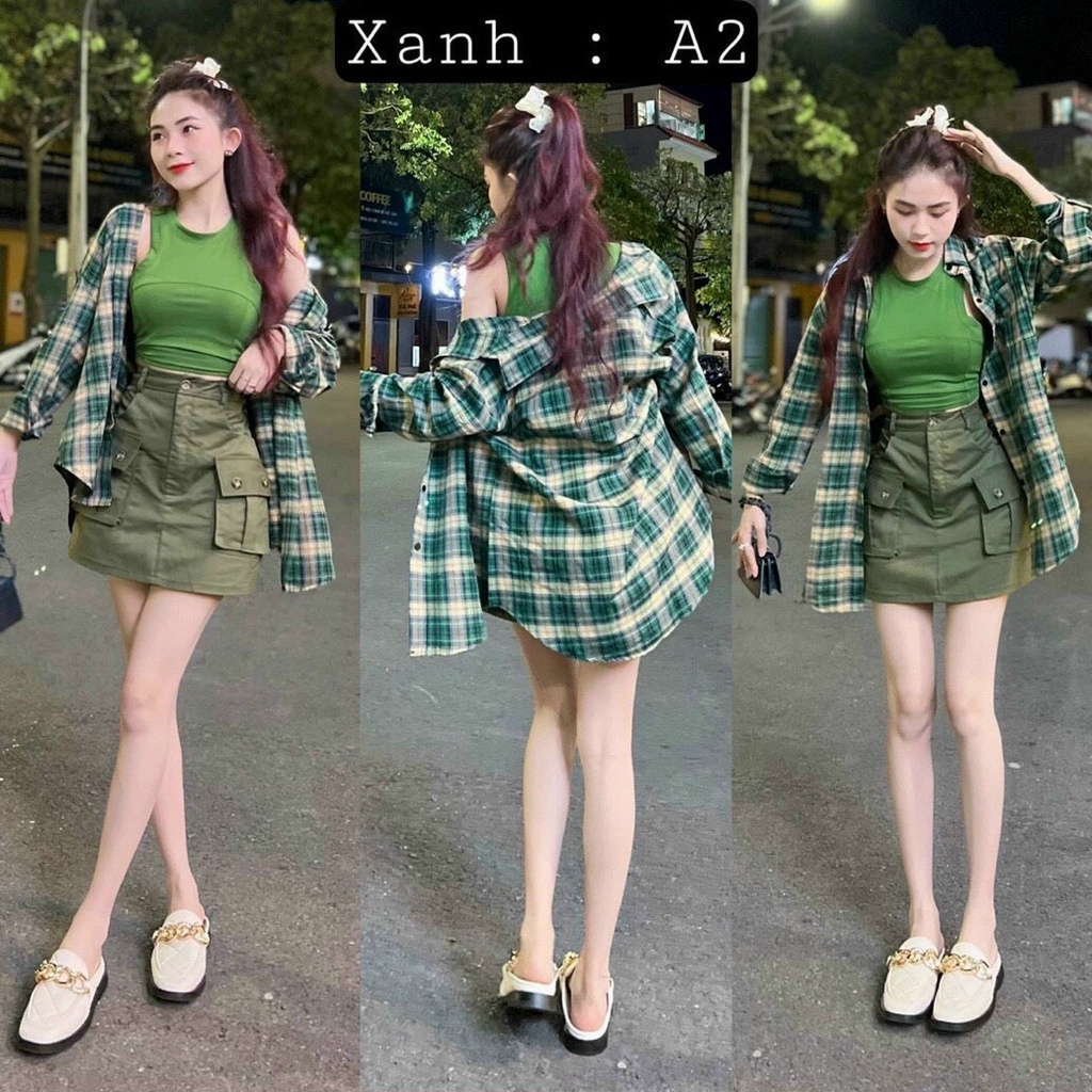 [11.11 Sale Freeship] Set bô ba món,set bộ áo khoác sơ mi caro tay dài kèm áo trong mix chân váy có túi xinh xắn mtb