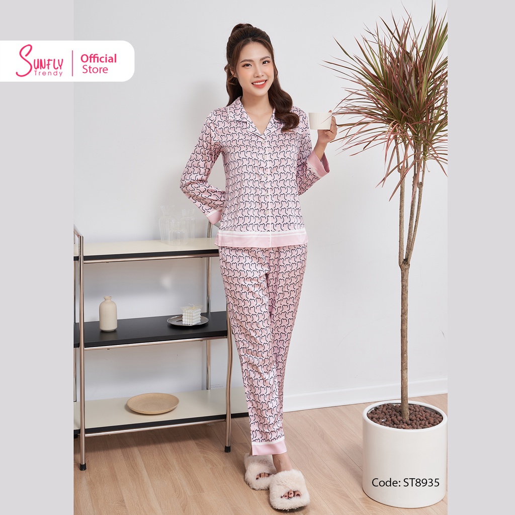 Bộ Đồ Mặc Nhà Nữ Pyjamas Lụa SUNFLY Áo Tay Dài Quần Dài ST8935