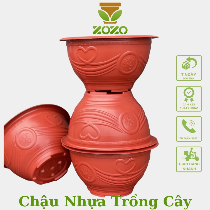 Chậu nhựa tròn trồng cây hoa ZOZO vân đá màu đỏ đen các size loại đục lỗ T28,T38,T48