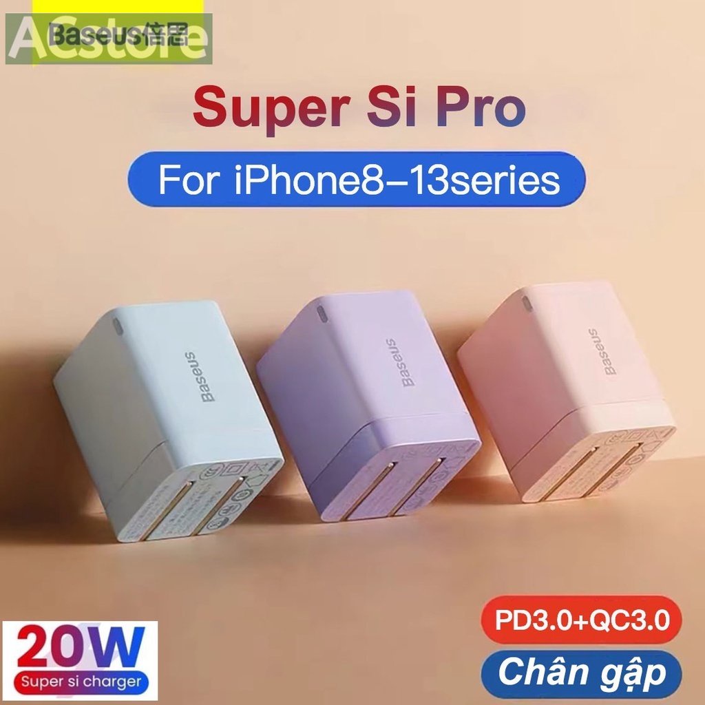 Bộ Sạc Baseus PD 20W Chân gập ,Củ Sạc Nhanh PD3.0+QC3.0, Combo (Cáp+Củ),Cho iPhone 13 Pro Max 12 11 Xs X 8P -ACSTORE