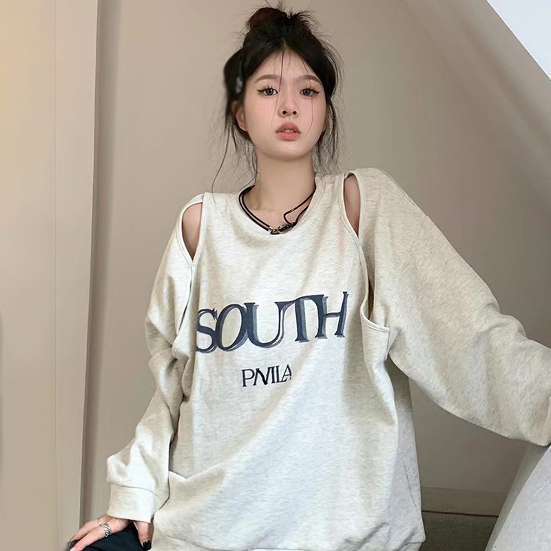 Áo Hoodies Tay Dài Hoạ Tiết Chữ In Thiết Kế Trễ Vai Phong Cách Hàn Quốc