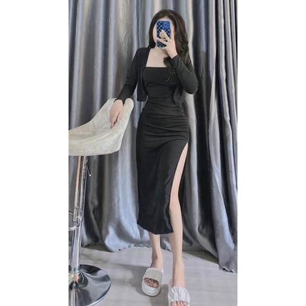 Đầm bodyy cúp ngực kèm áo khoác nhún eo sang chảnh