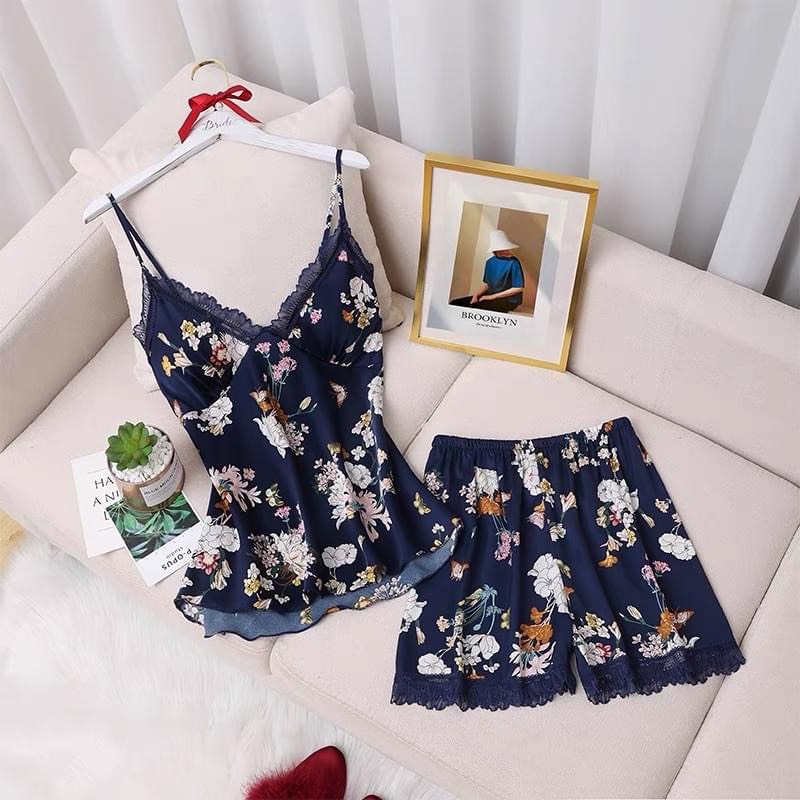 Bộ đồ ngủ nữ 2 dây sexy lụa hoa ban, có mút ngực