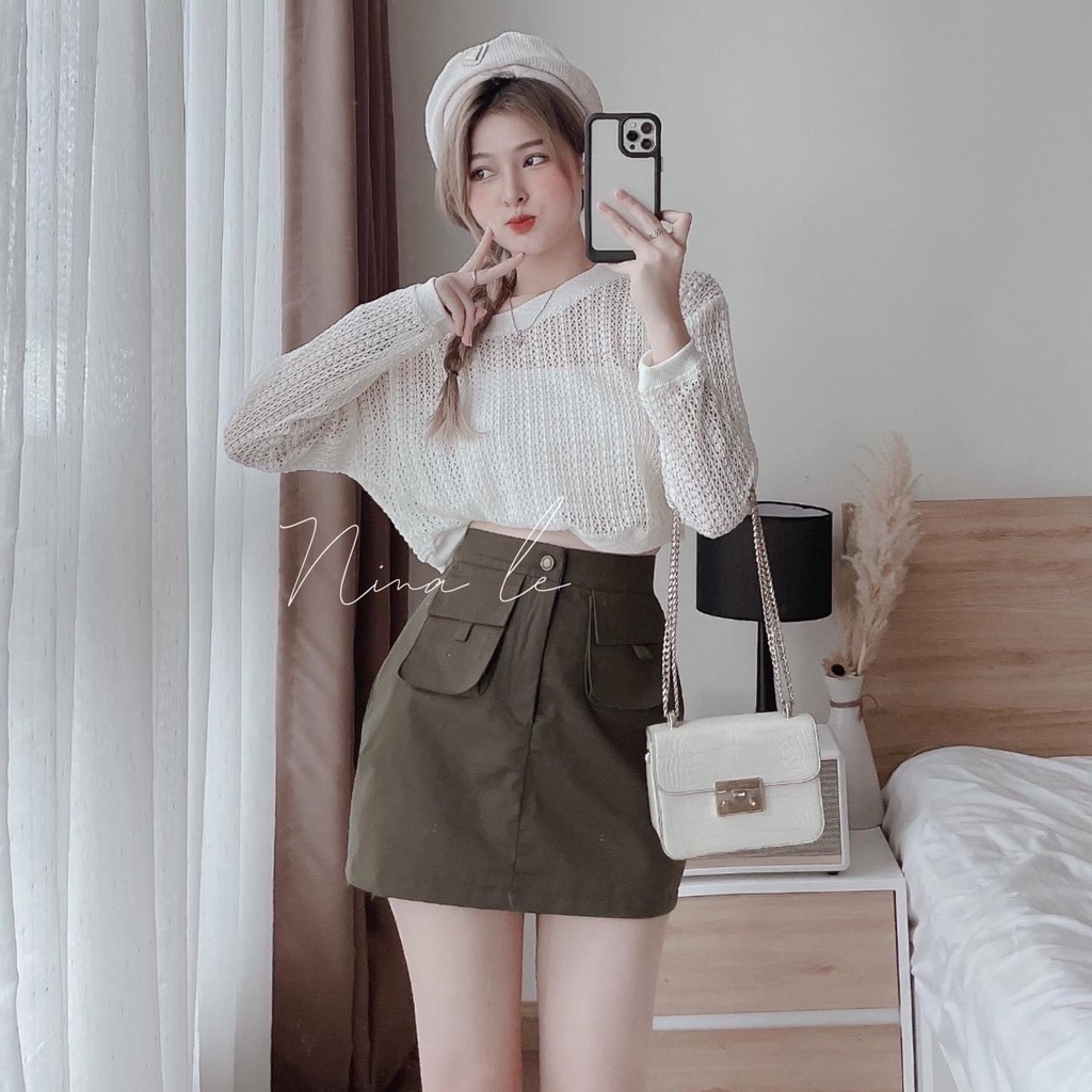 Set 3 Món Áo Lưới Mix Chân Váy Kaki Xanh Rêu Cá Tính