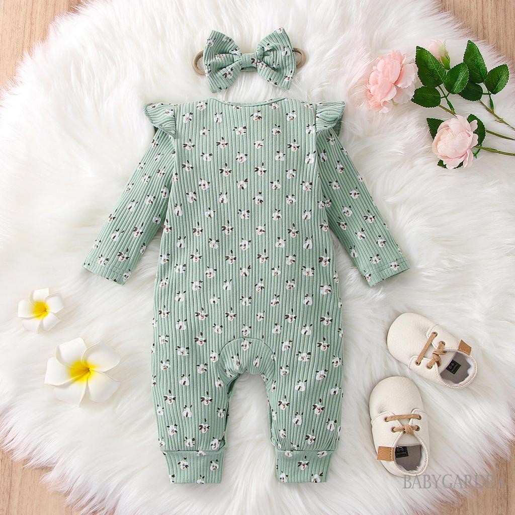 Bộ Áo Liền Quần Tay Dài Cổ Tròn In Hoa Phối Bèo + Băng Đô Nơ Thời Trang Cho Bé Gái 0-24 Tháng Tuổi