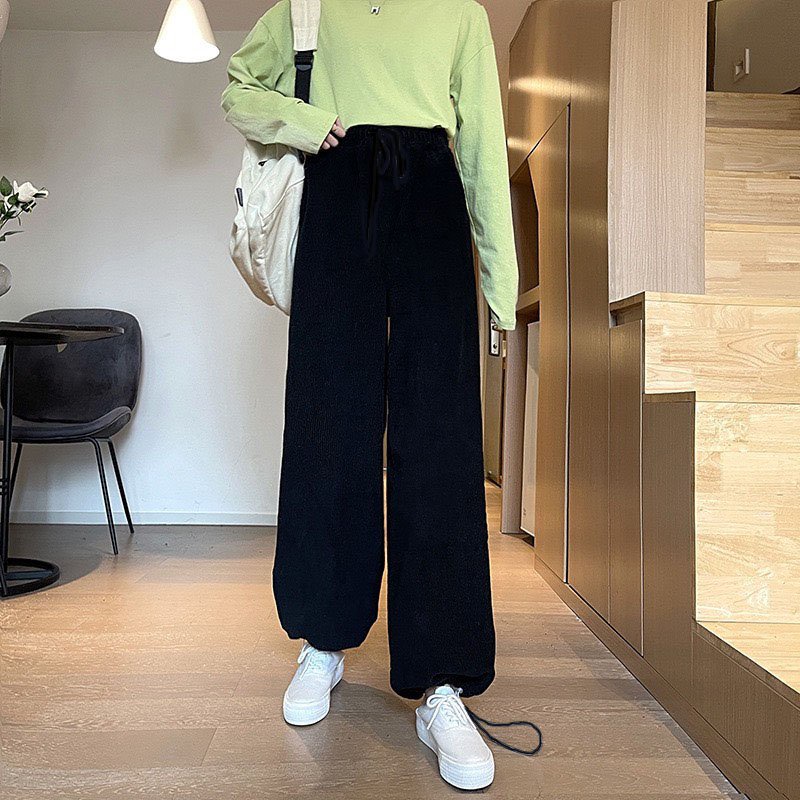 Quần Dài Nhung Nam Nữ Unisex Mùa Hè Dáng Rộng Ống Đứng Phối Sọc Thời Trang