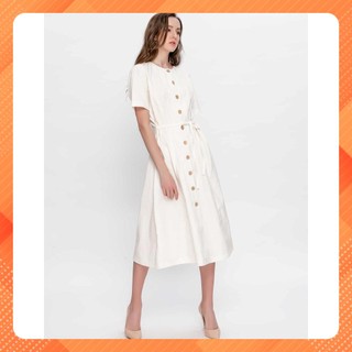 Đầm ngắn tay nữ YV LE & CO vải Linen màu trắng dịu dàng