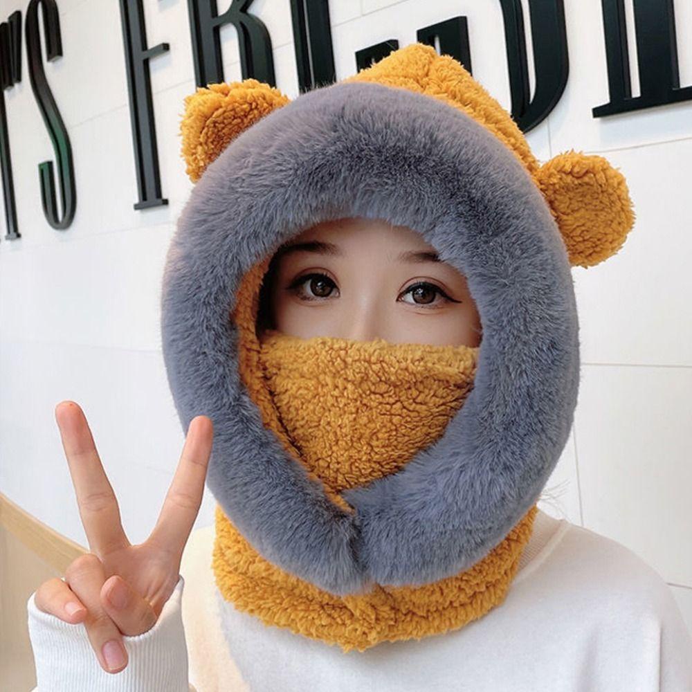 Mũ Trùm Đầu Kiêm Khăn Choàng Cổ Giữ Ấm Tai Gấu Chống Lạnh Màu Tương Phản Dễ Thương Thời Trang Cho Nữ