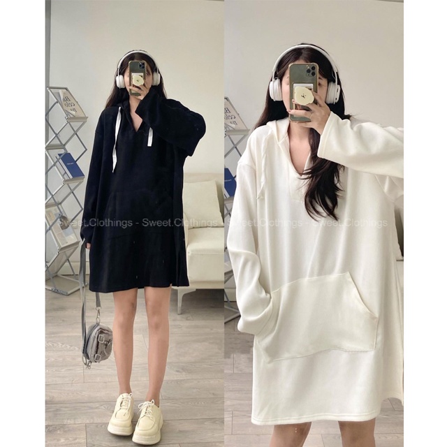 Váy HOODIE nữ trơn chất nỉ tăm mềm mịn dáng suông FREESIZE 3 màu hot hit SWEET.CLOTHINGS