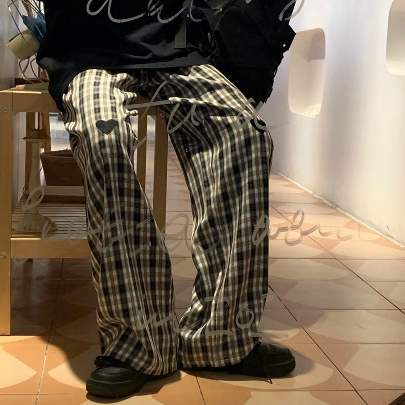 Quần Dài Ống Rộng Họa Tiết Sọc Caro Phong Cách Retro