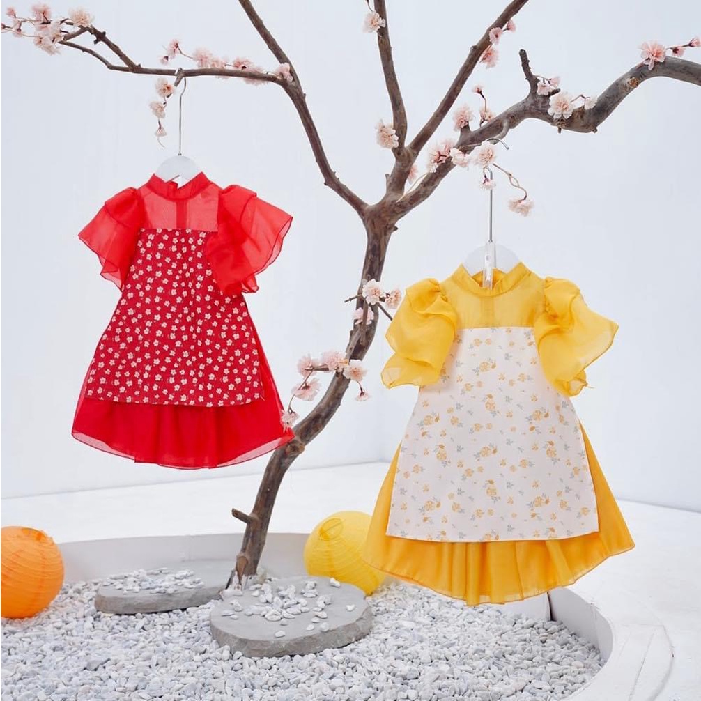 Áo dài  bé gái hoa nhí tay bồng sét áo dài cho bé gái từ 2 đến 9 tuổi kubnstore