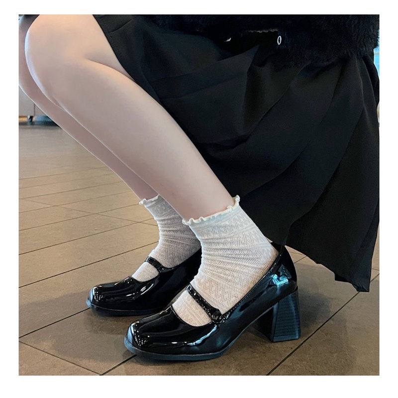 Giày Mary Jane Đen Da PU Đế Vuông Cao 7 Phân Dây Mảnh Nữ Tính Hàn Quốc Dễ Thương lemona.vn