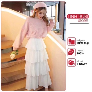 Chân váy LINH RUBI STORE xếp tầng dập li nhỏ cạp chun dáng xòe dài  V027