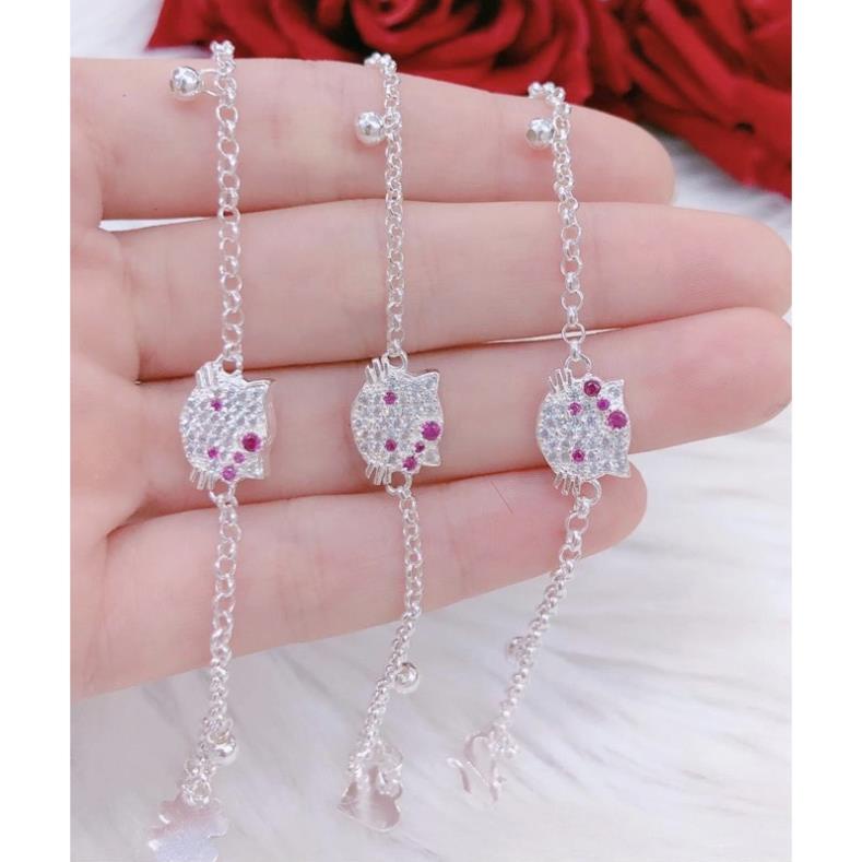 Lắc tay trẻ em mèo kitty bạc ta có gắn chuông và tua chờ