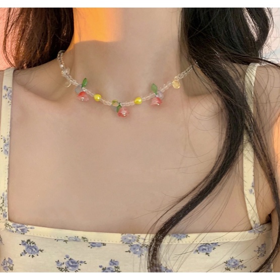 Vòng cổ Dạng Chuỗi Hạt Hình Hoa Màu Kẹo Ngọt Thời Trang Hàn Quốc