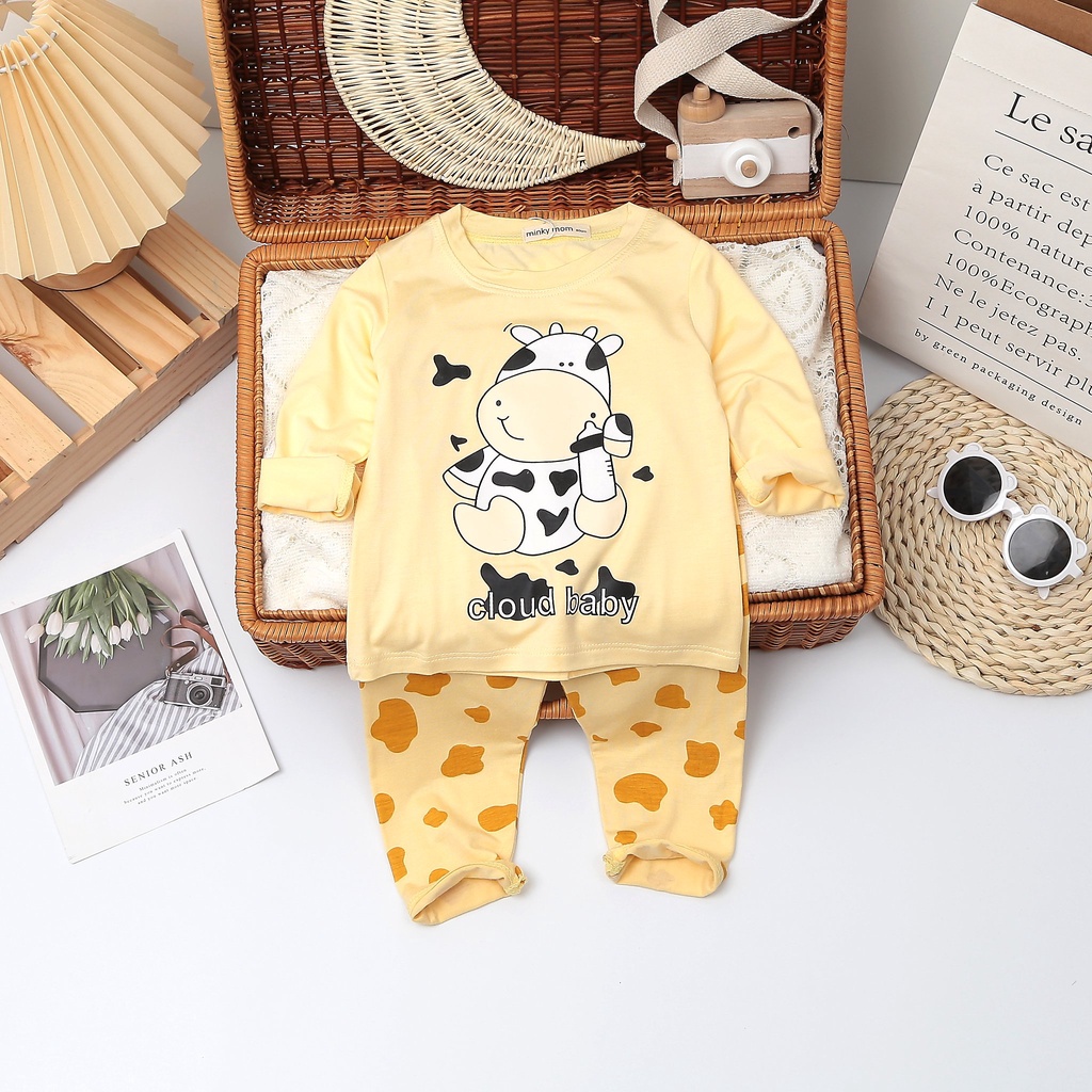 Bộ Thun Lạnh Dài Tay Cho Bé Gái Bé Trai Minky Mom Vải Thun Lạnh Mềm Mịn Họa Tiết Bò Sữa Đáng Yêu, Bộ Thu Đông Cho Bé TD1