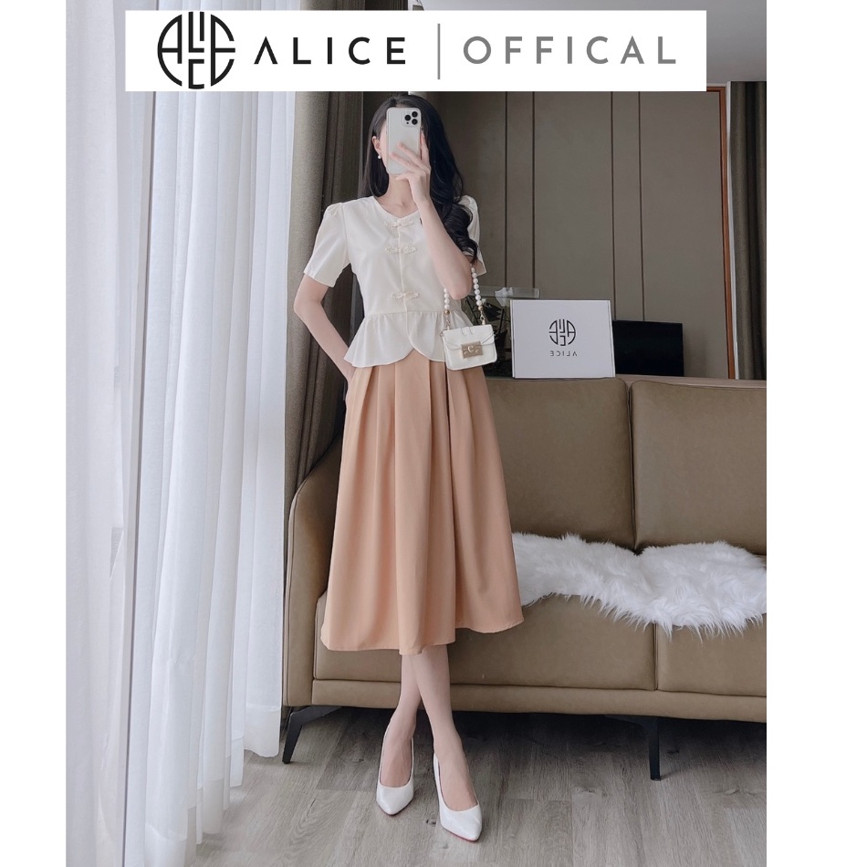 Set Váy Công Sở Áo Sơ Mi Cổ Tròn Kèm Chân Váy Xếp Li Dáng Xòe ALICE Thiết Kế Lịch Sự Sang Trọng, Chất Vải Mềm Mịn S1032