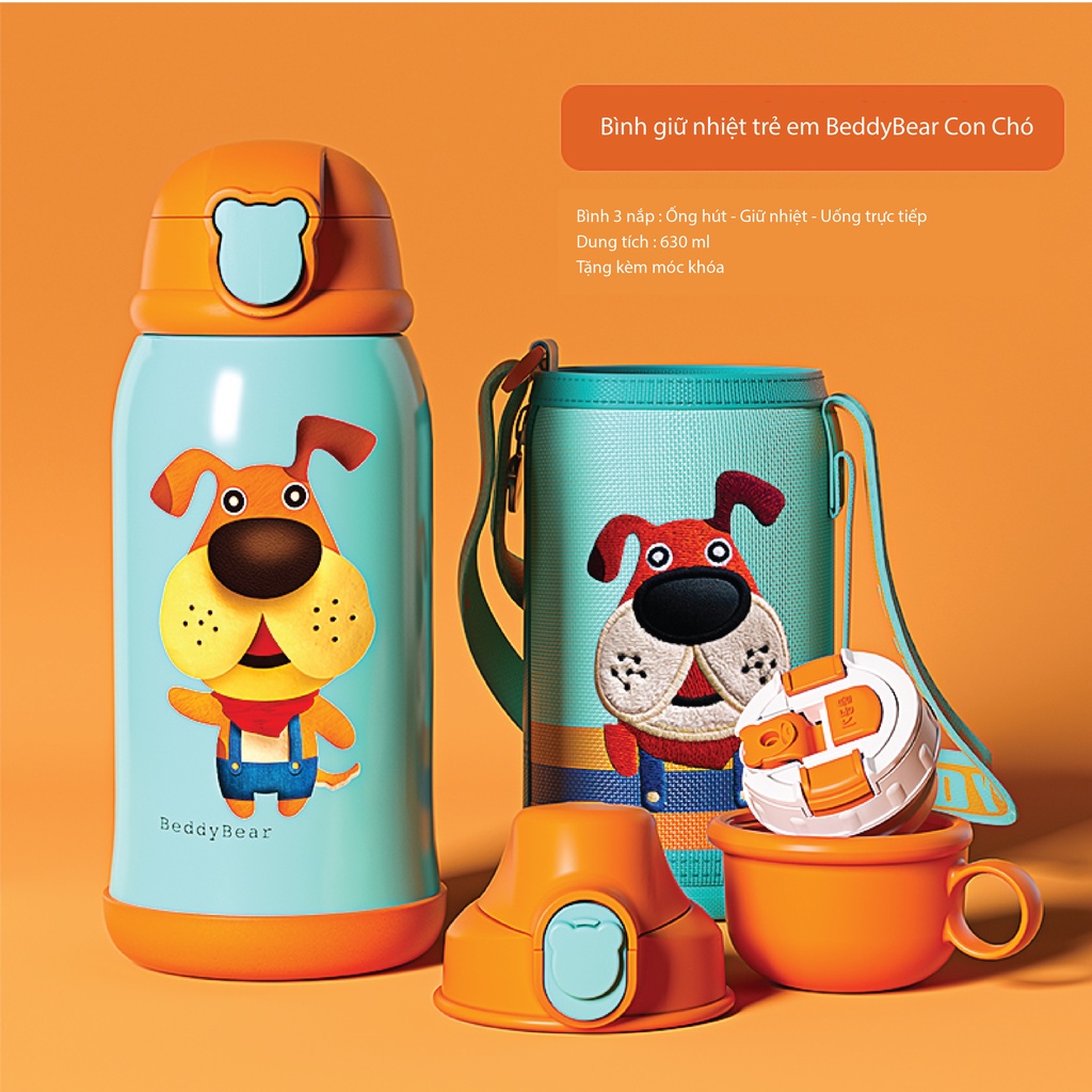 Bình giữ nhiệt trẻ em Beddybear - 3 Nắp thay thế - Hình con Chó - 630ml - Tặng kèm móc khóa - RT104-630-CHO. Chính hãng