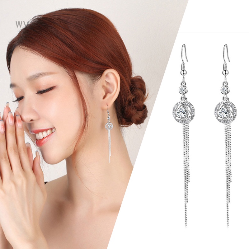 Bông Tai Dáng Dài Đính Đá Zircon Phối Tua Rua Thời Trang Cho Nữ