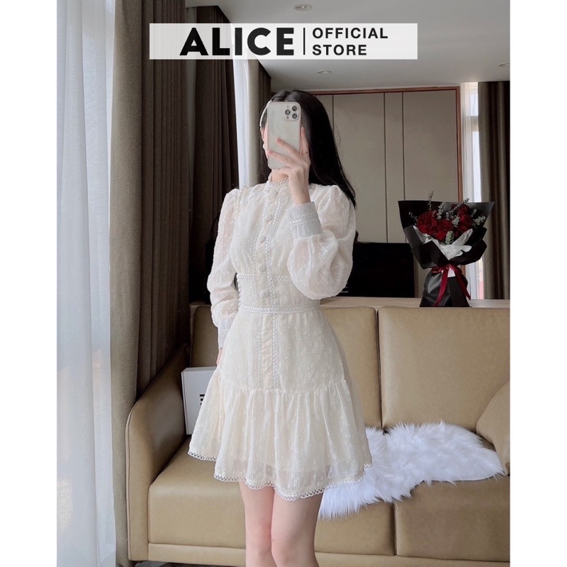 Váy voan tiểu thư cổ tàu Alice thiết kế dài tay phối cúc bọc