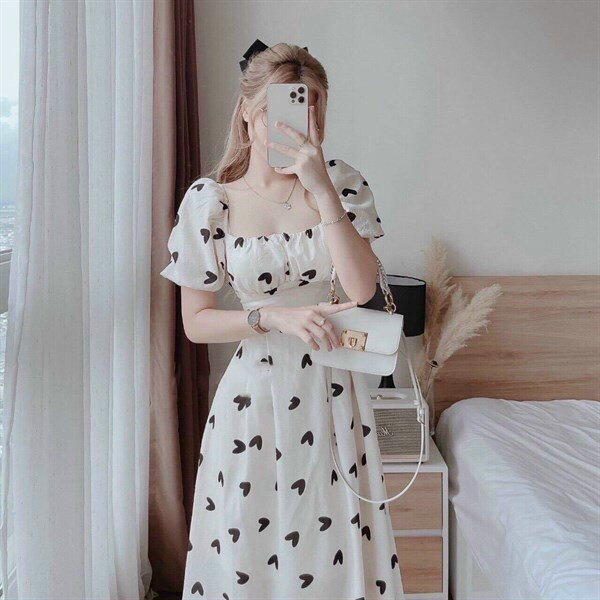 (Sale FreeShip) Đầm tim nữ dáng xòe,thiết kế nhún ngực tay phồng sau cột nơ,phong cách trẻ trung,chất kate lụa mềm mát