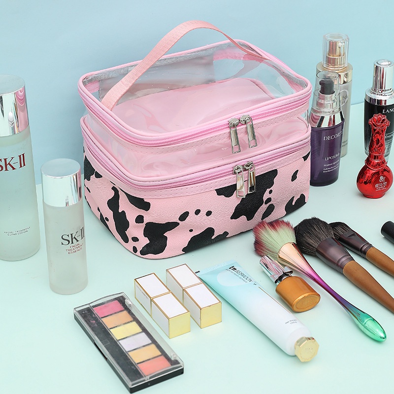 Túi Đựng Mỹ Phẩm Da PU Hai Lớp Chống Thấm Nước In Họa Tiết Bò Sữa