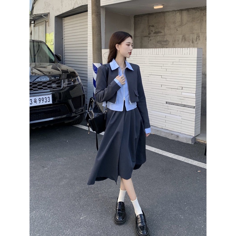 Set Áo Khoác Ngắn Tay Dài + Áo Sơ Mi + Chân Váy Thời Trang Mùa Thu 2022 Phong Cách Pháp Mới Cho Nữ