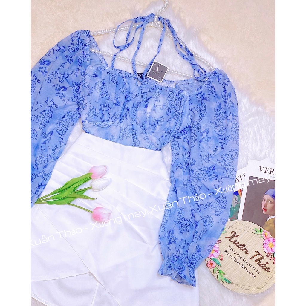 Set Áo Voan Tơ Trễ Vai Tay Bồng, Chân Váy Kaki Mango Nhẹ Nhàng Thanh Lịch, Mã số A46