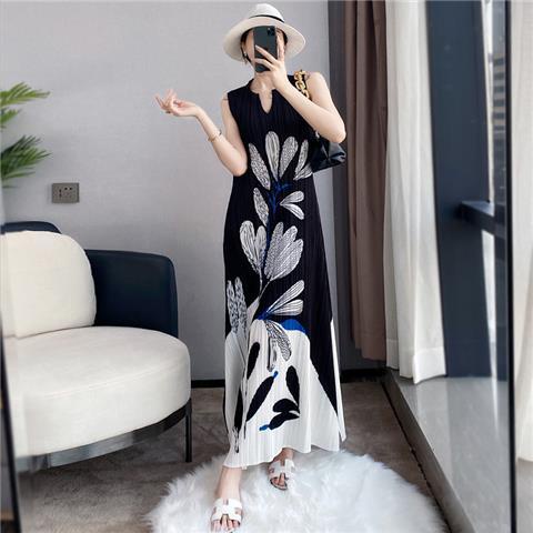 Miyake Đầm Dài Xếp Ly Sát Nách Dáng Ôm In Họa Tiết Mực Thanh Lịch Có Thể Mặc Vào Mùa Hè Kiểu Mới