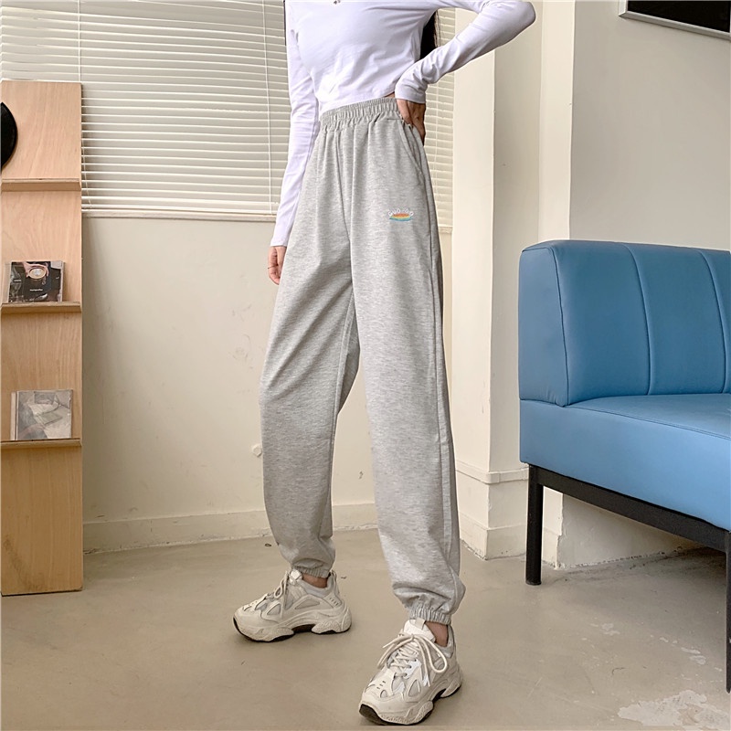 IELGY Quần Dài Thể Thao Lưng Cao Màu Đen Cỡ Lớn Phong Cách Hàn Quốc Thời Trang Cho Nữ